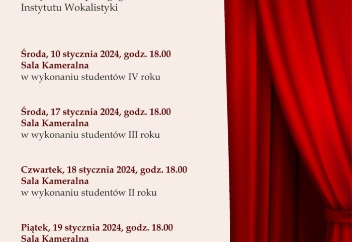 Afisz zawiera informacje na temat cyklu koncertów pt. Pierwsze kroki na estradzie, które odbędą się w styczniu 2024