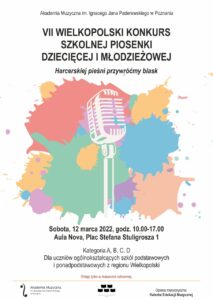 Afisz zapraszający do przyjścia na przesłuchania Konkursu Szkolnej Piosenki Dziecięcej i Młodzieżowej