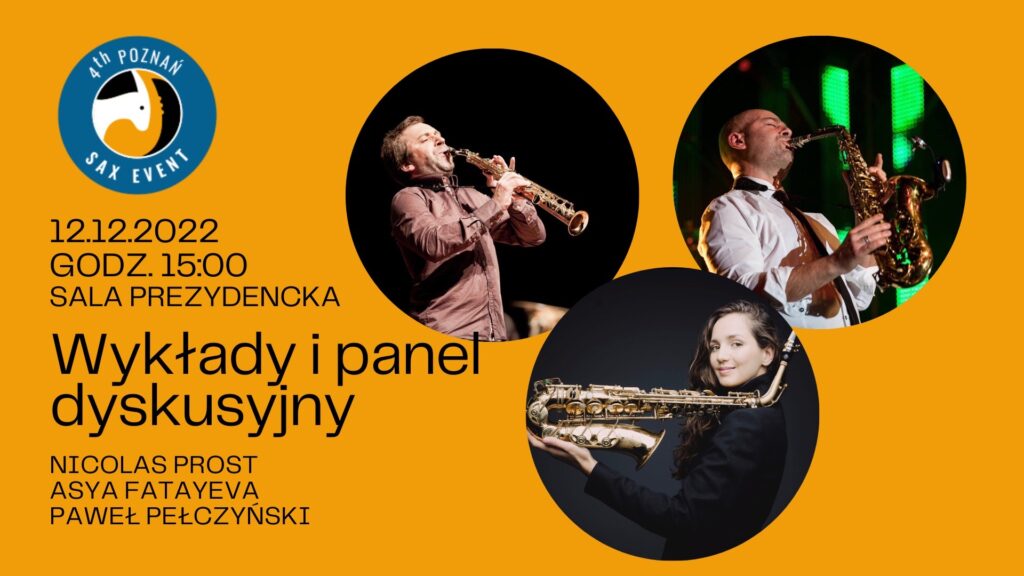 Na żółtym tle obrazka widać postaci z saksofonami - obrazek może zachęcać do przyjścia na warsztaty i panel dyskusyjny podczas 4th SaxEvent