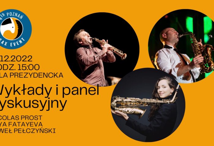 Na żółtym tle obrazka widać postaci z saksofonami - obrazek może zachęcać do przyjścia na warsztaty i panel dyskusyjny podczas 4th SaxEvent