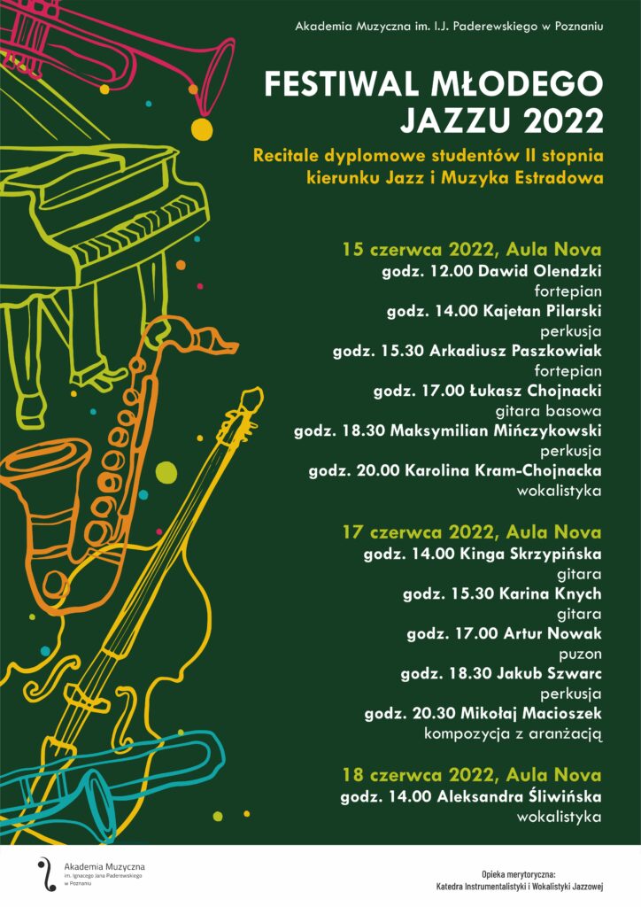 Afisz może zachęcać do przyjścia na koncerty w ramach Festiwalu Młodego Jazzu do Akademii Muzycznej w dniach 15-18 czerwca 2022