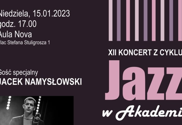 Na ciemnym tle różowe linie i napis Jazz w Akademii