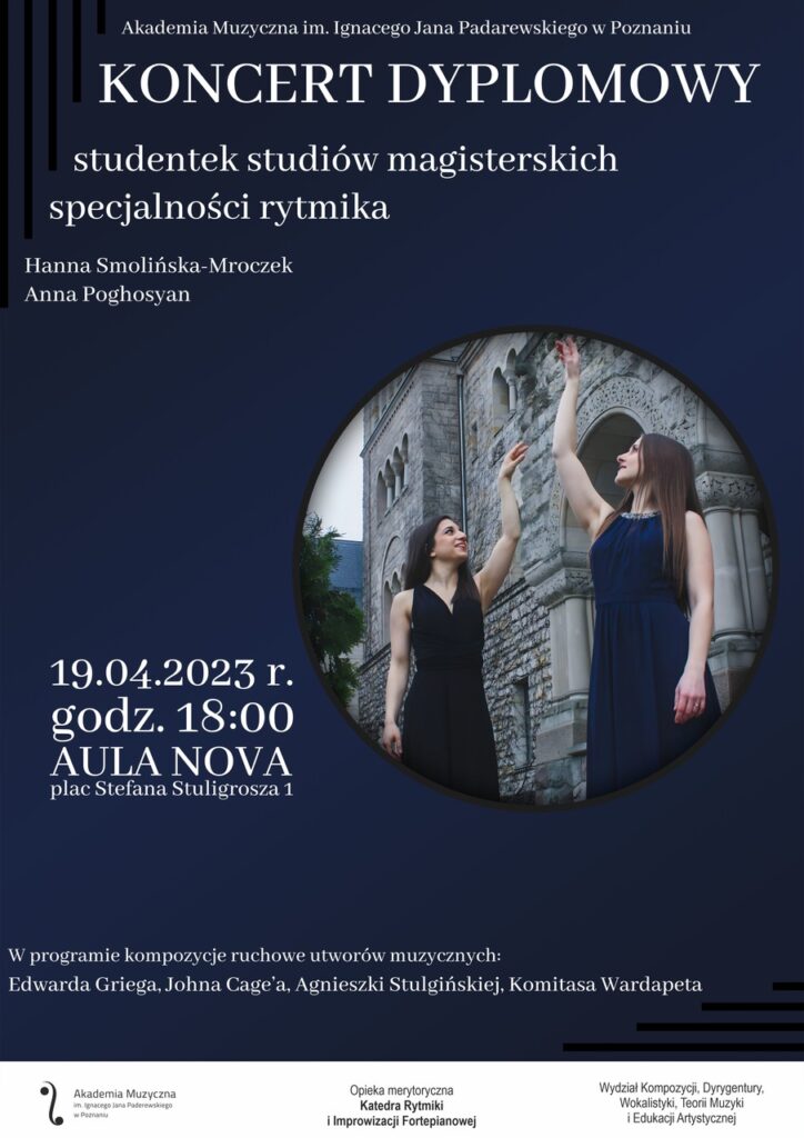 Plakat może zachęcać do przyjścia na koncert dyplomowy studentek studiów magisterskich specjalności rytmika