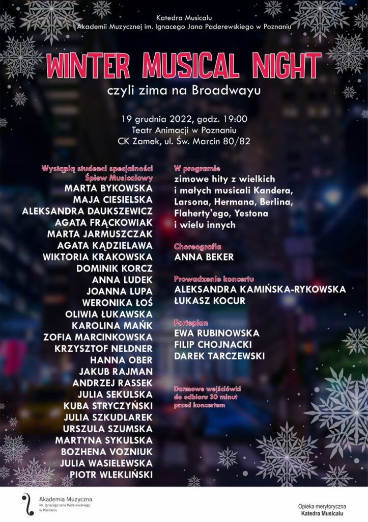 Plakat na ciemnym tle zawiera informacje o koncercie pt. Winter Musical Night