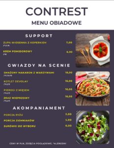 Menu obiadowe przykładowe, może zachęcać do przyjścia na obiad