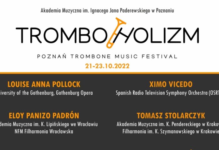 Pomarańczowo-czarny plakat z graficznym przedstawieniem puzonu, zawiera program festiwalu Tromboholizm