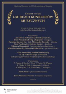 Afisz zawiera informacje na temat wykonawców i repertuaru koncertu pt. Laureaci konkursów muzycznych i może zachęcać do przyjścia na koncert