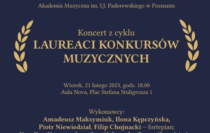 Afisz zawiera informacje na temat wykonawców i repertuaru koncertu pt. Laureaci konkursów muzycznych i może zachęcać do przyjścia na koncert