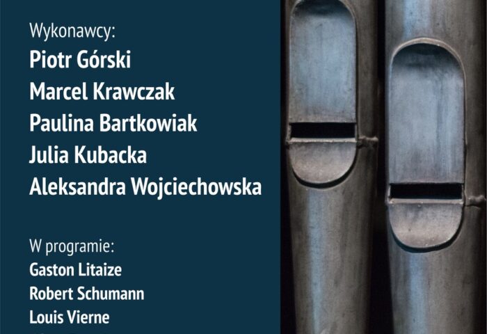 Afisz może zachęcać do przyjścia na koncert w ramach cyklu Środy organowe i zawiera nazwiska wykonawców