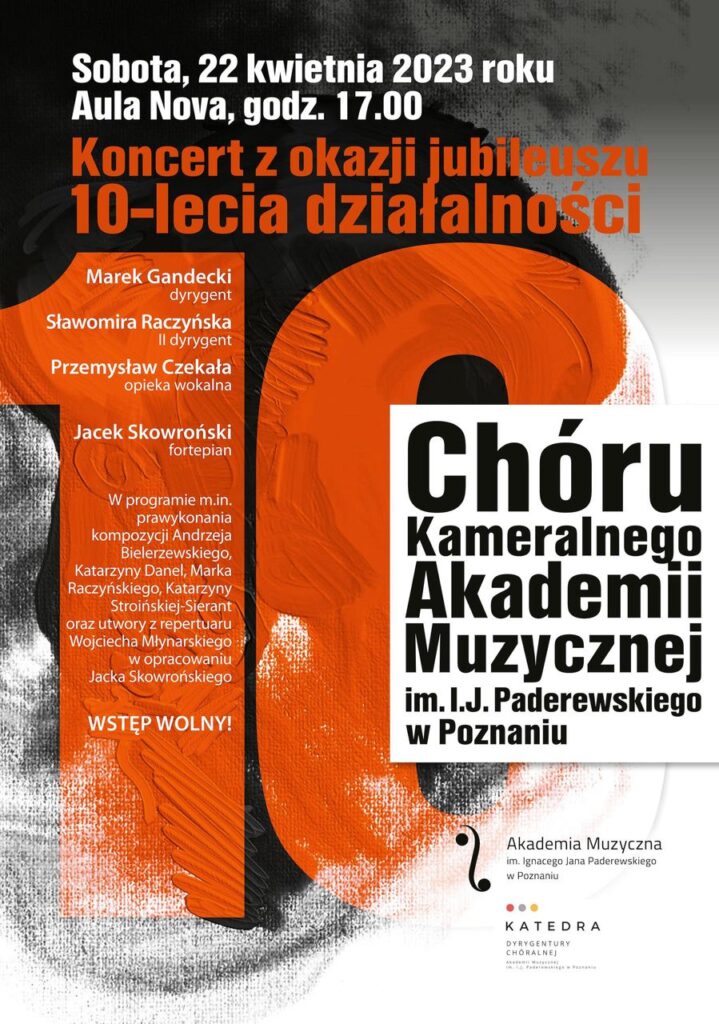 Afisz może zachęcać do przyjścia na koncert jubileuszowy Chóru Kameralnego