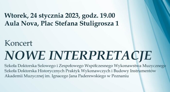 Jasnobłękitny, cieniowany plakat zawiera informacje na temat koncertu Szkół Doktorskich