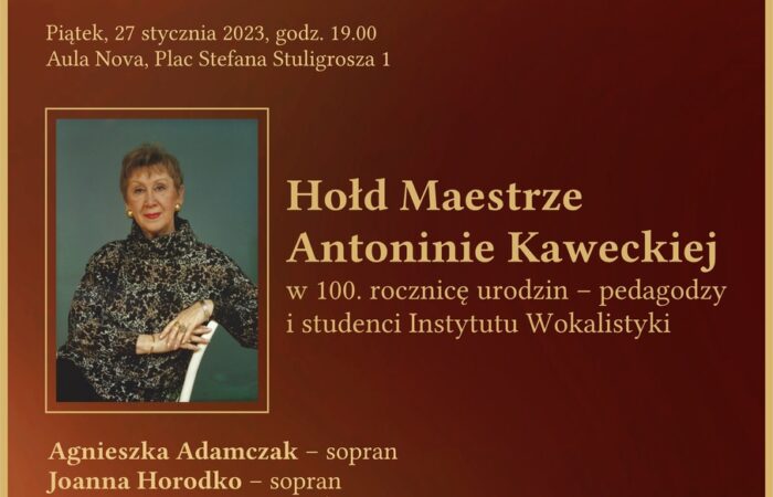 Afisz koncertu ze zdjęciem Antoniny Kaweckiej zawiera informacje na temat wystepujących artystów