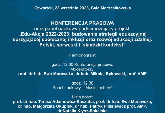 Afisz zawiera informacje na temat konferencji prasowej w programie Edu-Akcja 2022 2023