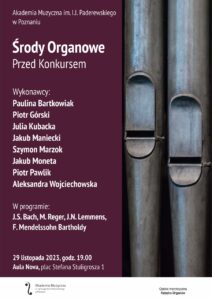 Afisz zawiera informacje na temat koncertu w ramach cyklu Środy Organowe. Na bordowym tle widać zdjęcie fragmentów dwóch piszczałek organów