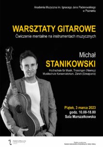 Na ciemnym tle mężczyzna z gitarą - plakat może zachęcać do przyjścia na warsztaty