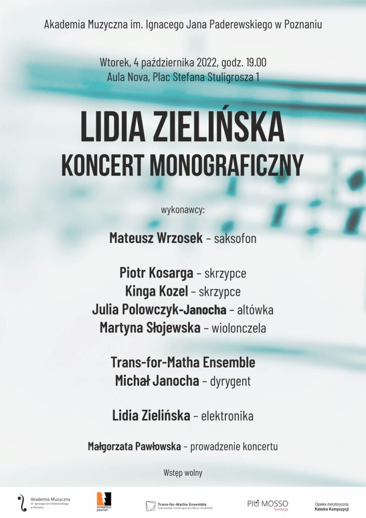 Blado-seledynowy afisz zapowiada koncert monograficzny prof. Lidii Zielińskiej