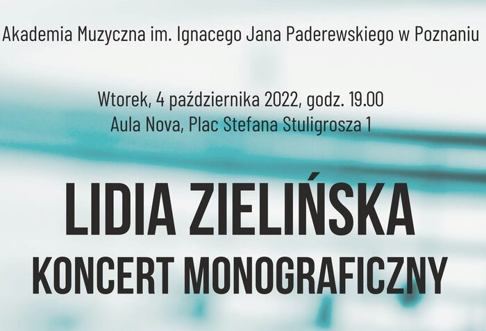 Blado-seledynowy afisz zapowiada koncert monograficzny prof. Lidii Zielińskiej