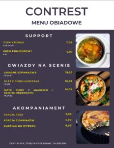 Menu obiadowe na inny dzień tygodnia, może zachęcać do przyjścia na obiad