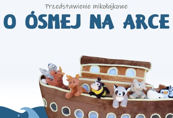 Plakat O óśmej na arce zawiera obrazek łódki wypełnionej rysunkowymi postaciami