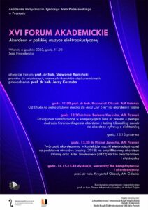 Ciemnoniebieski afisz zawiera informacje na temat przebiegu FOrum