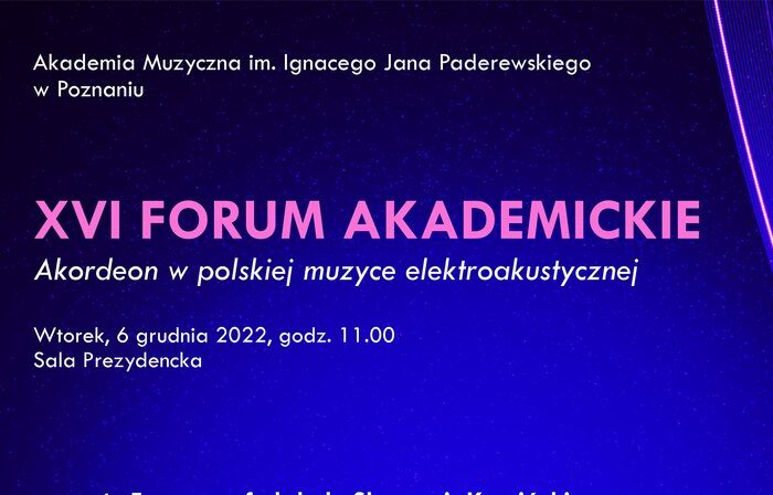 Ciemnoniebieski afisz zawiera informacje na temat przebiegu FOrum