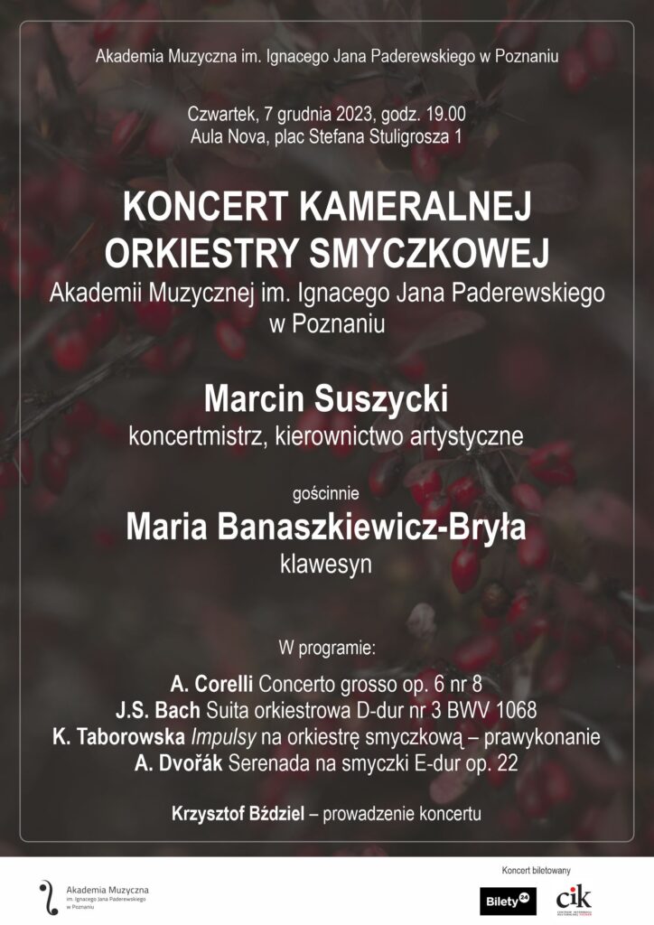 Plakat zawiera informacje na temat koncertu Kameralnej Orkiestry Smyczkowej w dniu 7 listopada