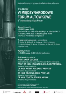 Afiszs z podanymi wykładowcami i planem przebiegu VI Międzynarodowego Forum Altówkowego