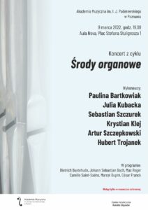 Afisz zapraszający na koncert organowy z cyklu Środy organowe.