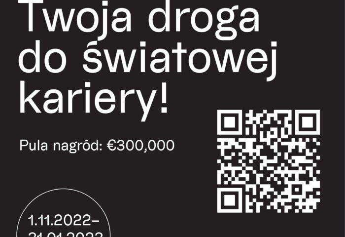 Czarno-biały afisz zachęca do zgłaszania się na Konkurs Muzyczny im. K. Szymanowskiego i zawiera kod qr