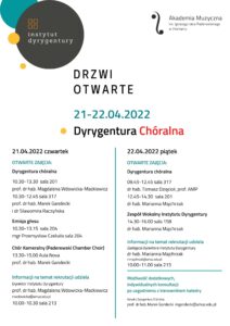 Afisz może zachęcać do przyjścia na drzwi otwarte do Intytutu Dyrygentury - na kierunku dyrygentura chóralna