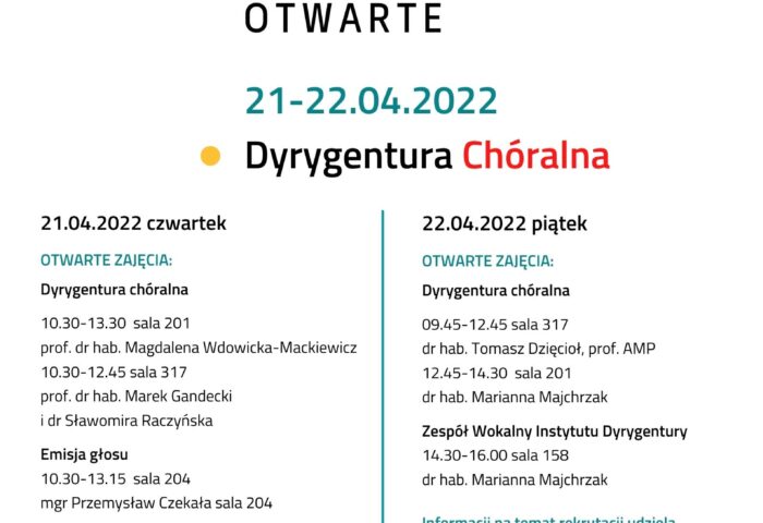 Afisz może zachęcać do przyjścia na drzwi otwarte do Intytutu Dyrygentury - na kierunku dyrygentura chóralna