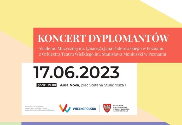 Baner zawiera podstawowe informacje na temat koncertu dyplomantów w dniu 17 czerwca 2023 i może zachęcać do przyjścia na koncert