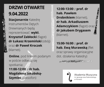 Afisz może zachęcać do wzięcia udziału w dniach otwartych ONLINE Katedry Instrumentów Dętych Drewnianych