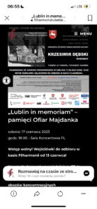 Lublin in memoriam — pamięci ofiar Majdanka — działania promocyjne Stowarzyszenia Wschód Kultury w mediach społecznościowych odnośnie do organizacji koncertu w dniu 17 czerwca 2023 r.