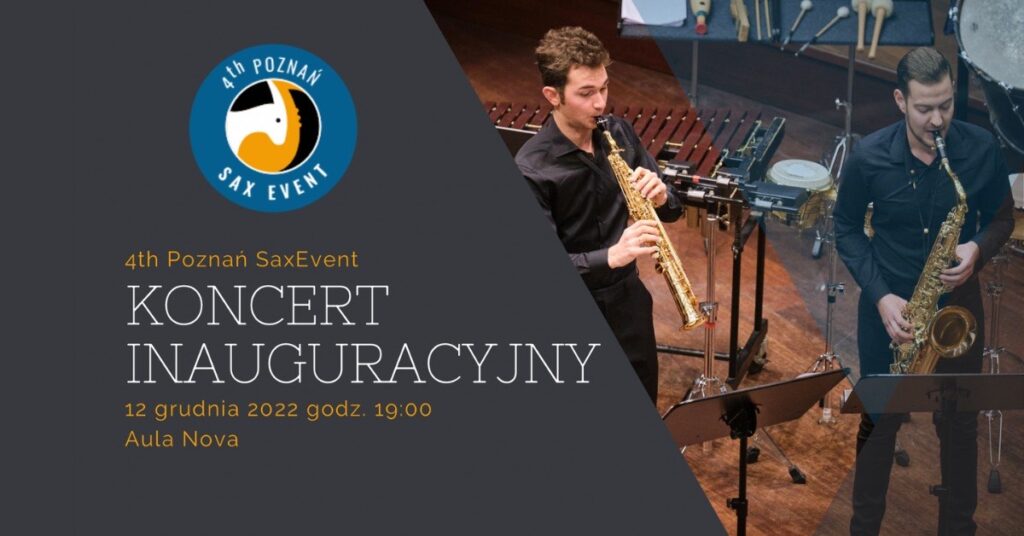 Kolorowy baner 4th Sax Event zawiera fragment zdjęcia duetu saksofonowego- widać na estradzie młodych udzi z saksofonami