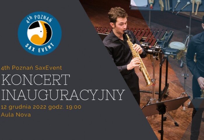 Kolorowy baner 4th Sax Event zawiera fragment zdjęcia duetu saksofonowego- widać na estradzie młodych udzi z saksofonami