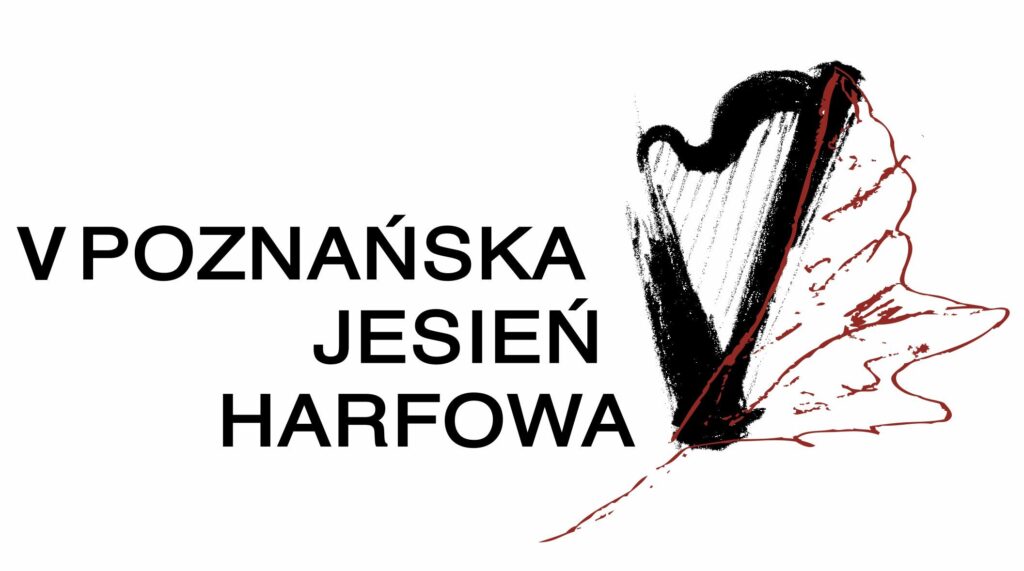 Czarno-białe logo przedstawia szkic harfy i tytuł wydarzenia - Poznańska Jesień Harfowa