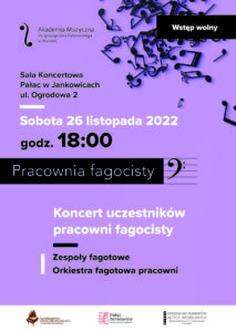 Na fioletowym tle znajdują się informacje na temat Koncertu uczestników Pracowni Fagocisty