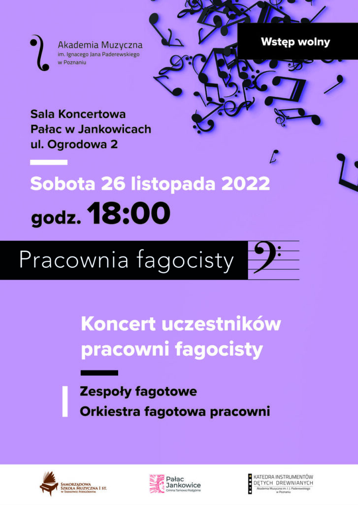 Na fioletowym tle znajdują się informacje na temat Koncertu uczestników Pracowni Fagocisty