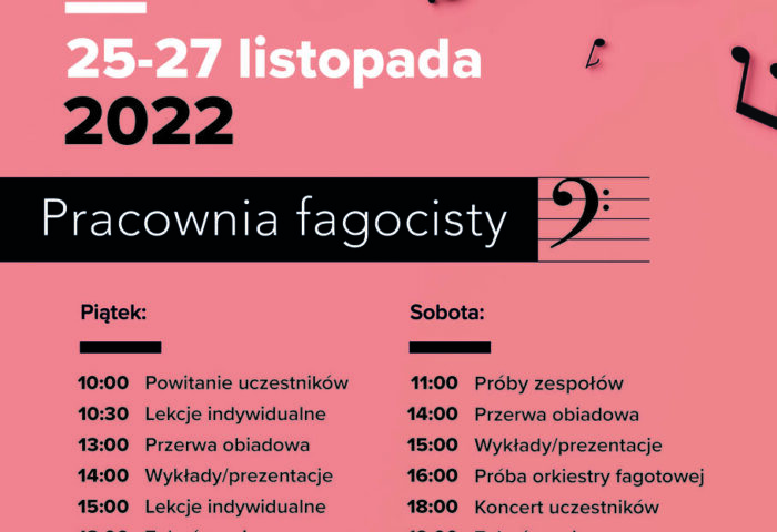 Na różowym tle znajdują się informacje na temat koncertów i wydarzeń uczestników Pracowni Fagocisty