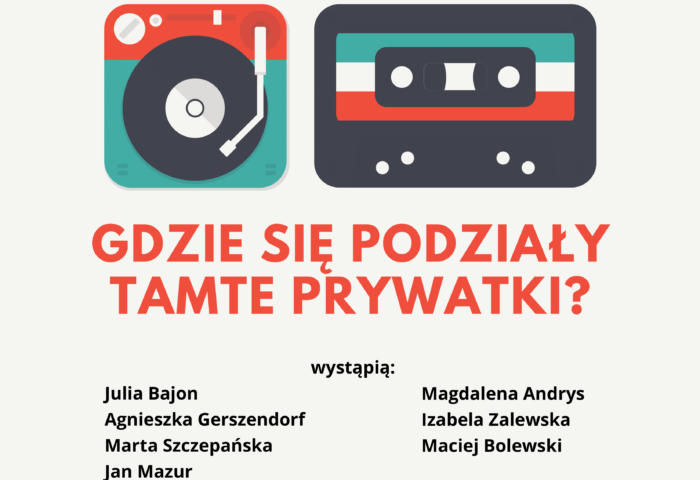 Afisz może zachęcać do przyjścia na koncert 2 czerwca - projekt zawiera rysunki taśm magnetonowych i gramofonu, sugerujące dawne czasy, obazki są kolorowe