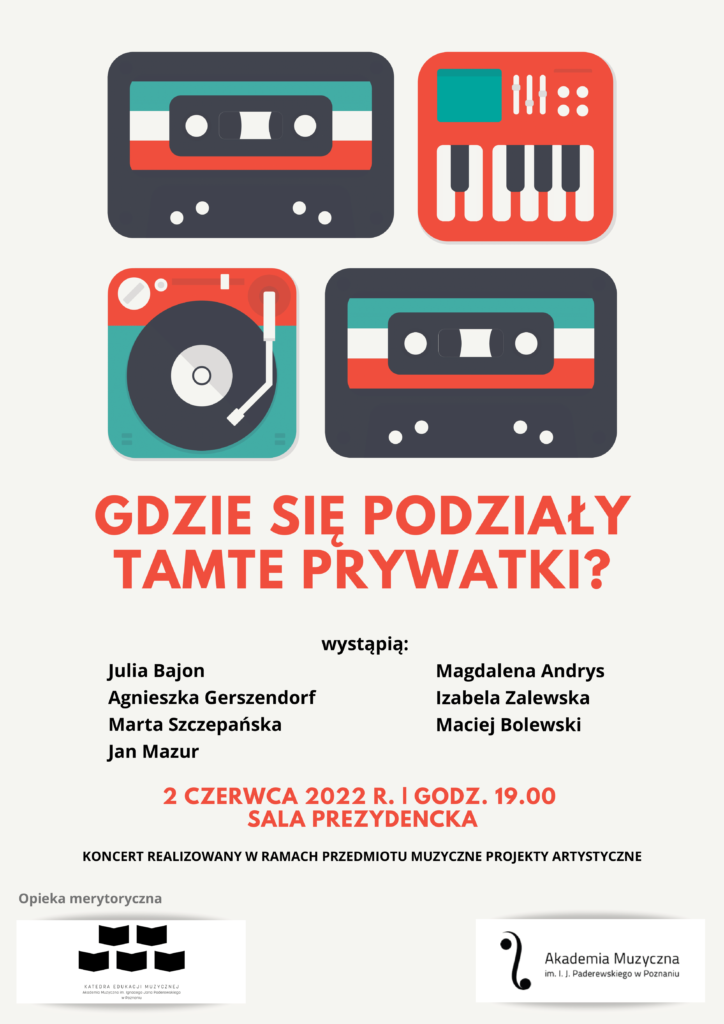 Afisz może zachęcać do przyjścia na koncert 2 czerwca - projekt zawiera rysunki taśm magnetonowych i gramofonu, sugerujące dawne czasy, obazki są kolorowe