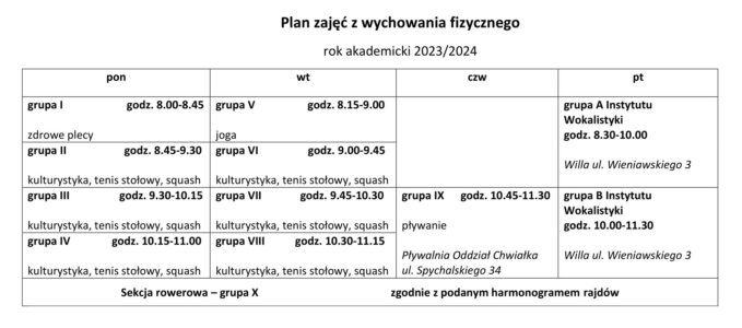 Zdjęcie przedstawia tabelę z planem zajęć SWFiS na rok akademicki 2023-24