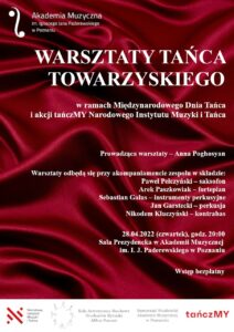 Afisz może zachęcać do przyjścia na warsztaty tańca towarzyskiego