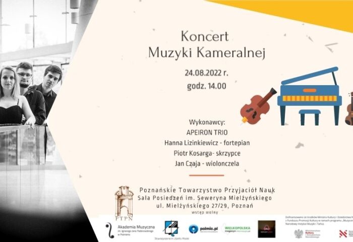 Zapowiedź koncert Apeiron Trio przedstawia zdjęcie zespołu, datę koncertu i nazwiska kompozytorów