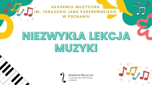 Kolorowa grafika zawiera nutki, fragment klawiatury, logotyp organizatora i tytuł wydarzenia