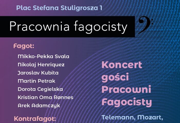 Na fioloetowo-niebieskim tle znajdują się informacje na temat wykonawców i kompozytorów, których utwory zabrzmią podczas Koncertu Gości Pracowni