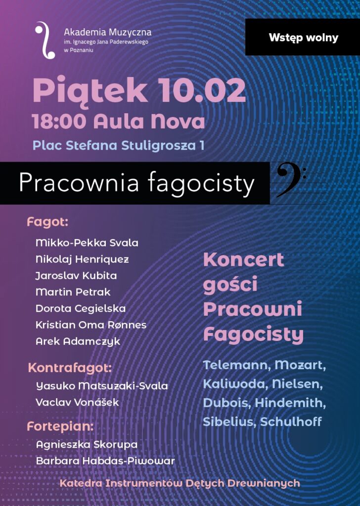 Na fioloetowo-niebieskim tle znajdują się informacje na temat wykonawców i kompozytorów, których utwory zabrzmią podczas Koncertu Gości Pracowni