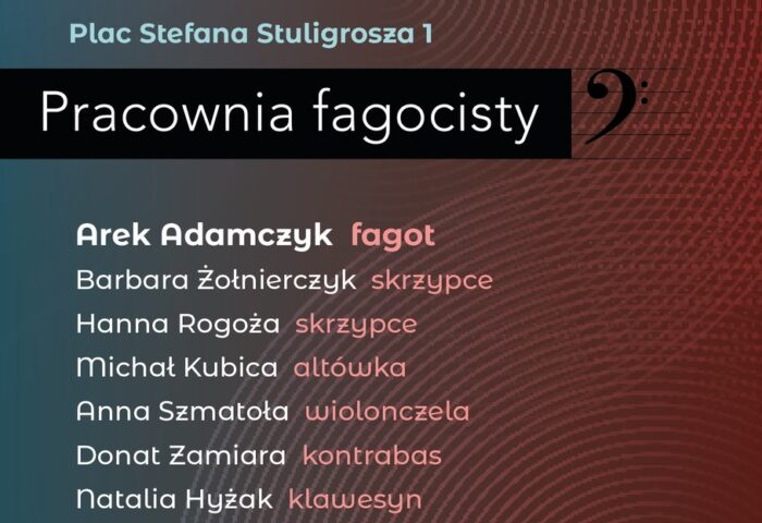 Brązowe-turkusowe tło zawiera informacje na temat koncertu organizowanego w ramach Pracowni Fagocisty 9 lutego 2023. Afisz zawiera nazwiska wykonawców i logotyp uczelni