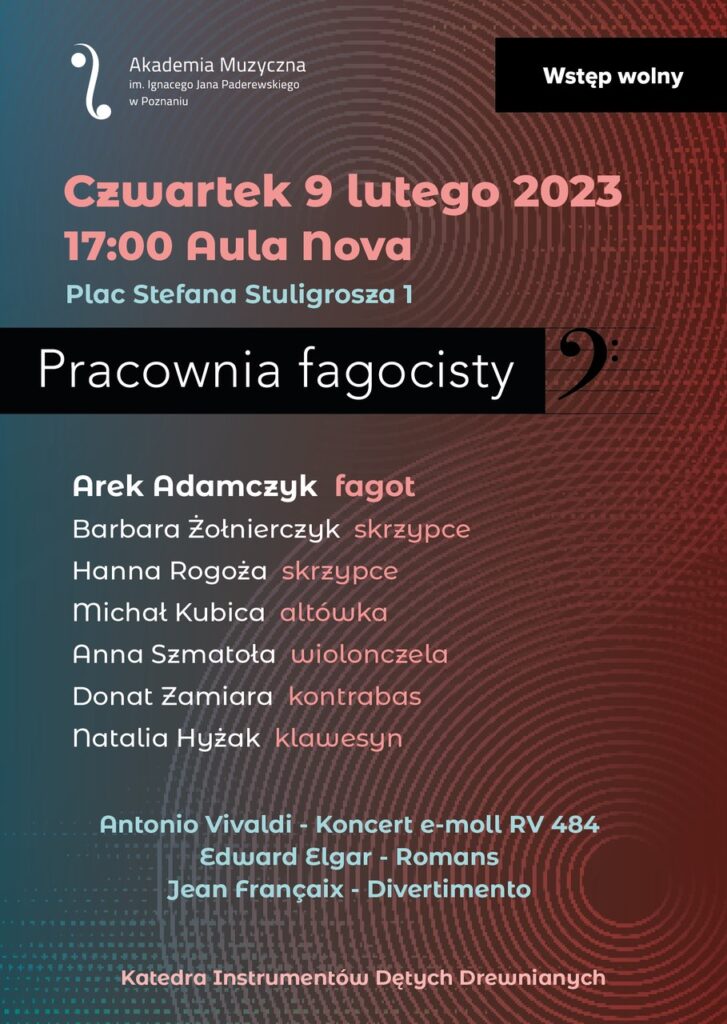 Brązowe-turkusowe tło zawiera informacje na temat koncertu organizowanego w ramach Pracowni Fagocisty 9 lutego 2023. Afisz zawiera nazwiska wykonawców i logotyp uczelni